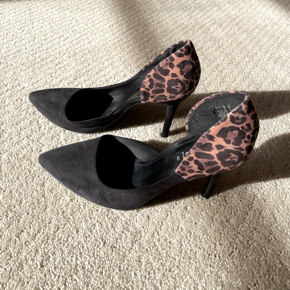 Suede black and leopard 4” heels